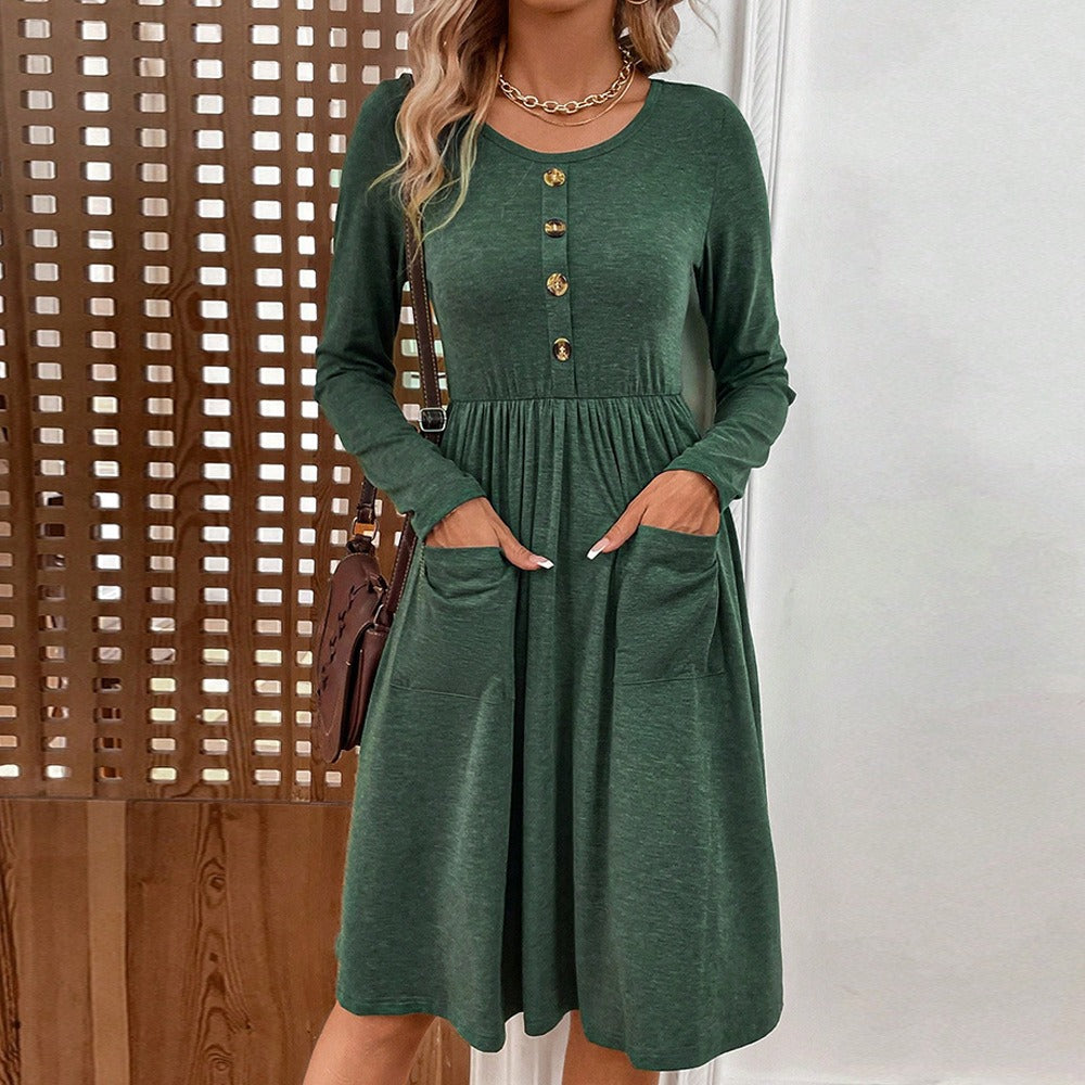 Waist collection round neck A-line skirt button pocket knitted long sleeved dress - Mammalook