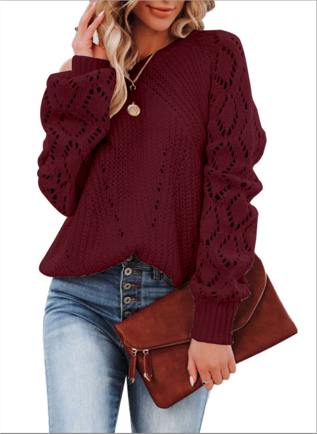 Solid Color Loose Top Women's Autumn And Winter New Hollow Pattern Round Neck Sweater - Mammalook