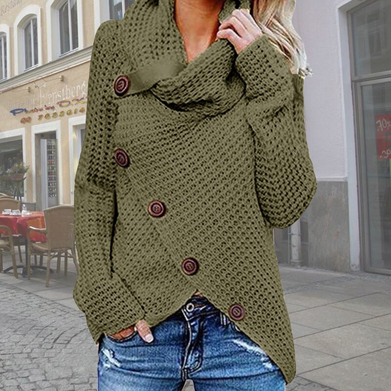 Women Turtleneck Knitted Sweaters Autumn Winter Solid Irregular Hem Long Sleeve Pullover Jumper Fashion Button Loose Sweater - Mammalook