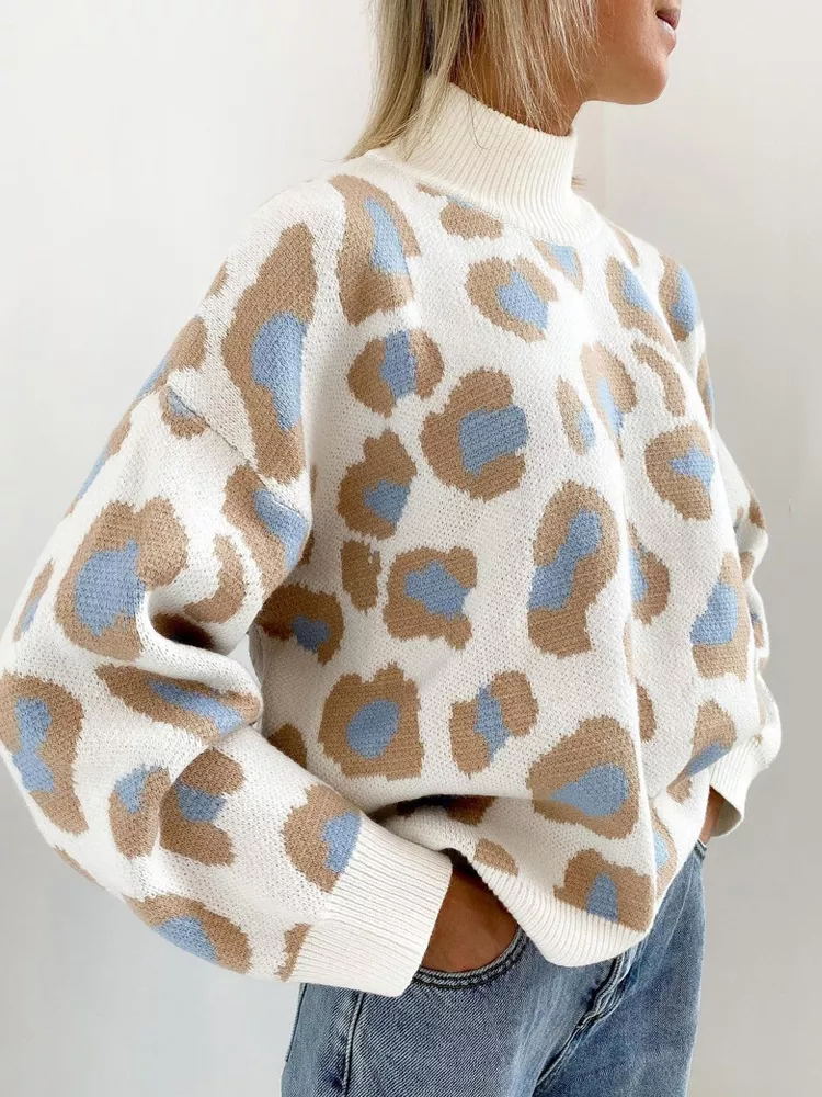 Winter Women's Sweater Leopard Print Animal Basic Thick Turtleneck Oversize Jumper Sotf Warm Knitted Sweaters for Womens - Mammalook