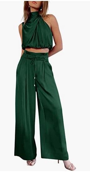 Two-piece set - sleeveless collar exposed top, wide leg pants