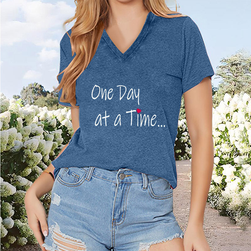 Women's 'One Day At A Time' V-Neck T-Shirt - Inspirational Short Sleeve Summer Top