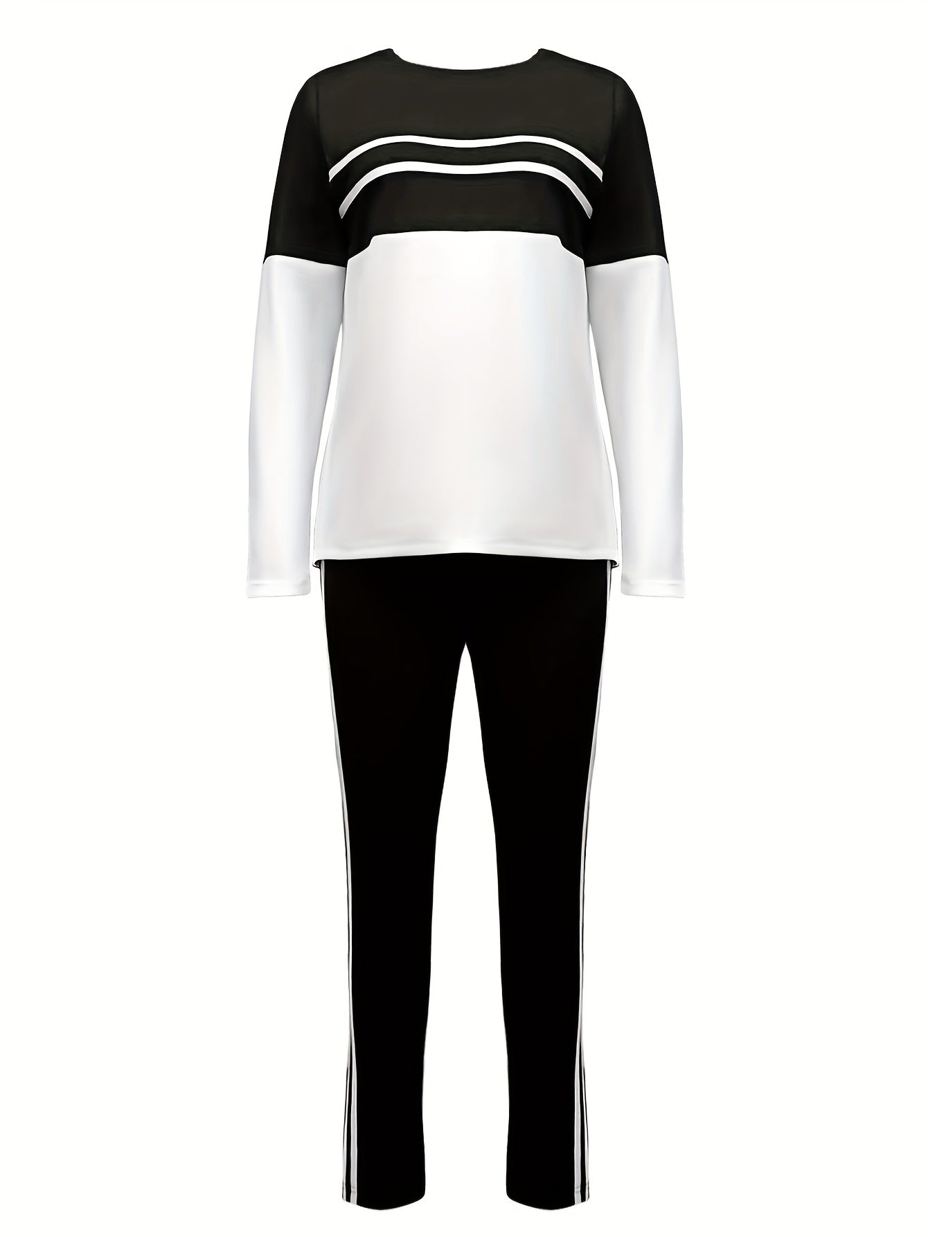Casual Color Block Two-piece Set, Striped Long Sleeve Top & Drawstring Pants Outfits, Women's Clothing - Mammalook