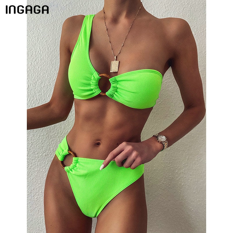 INGAGA One Shoulder Bikini Women's Swimsuit High Waist Swimwear Sexy Rings Biquini Black Ribbed Beachwear Brazilian Bikinis - Mammalook