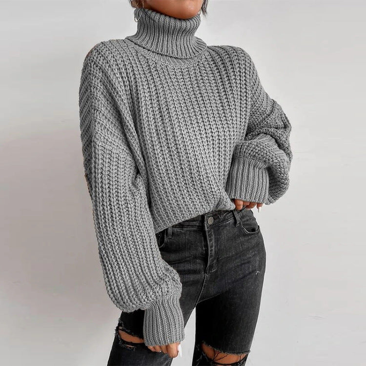 Fall Shoulder Long Sleeve Knitted Turtleneck Sweater for Women - Mammalook