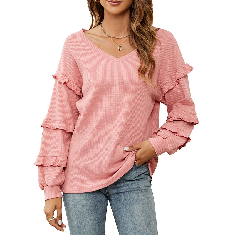 Top Autumn And Winter New Women's Waffle V-Neck Ruffled Lantern Sleeve Top - Mammalook