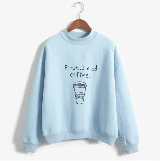 Autumn Winter Women Harajuku Hoodies Kawaii I Need Coffee Letter Print Sweatshirt Long Sleeve Turtleneck Fleece Girls Pullover - Mammalook