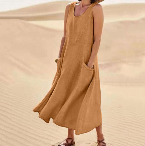 Pocket sleeveless round neck women's cotton and linen dress - Mammalook