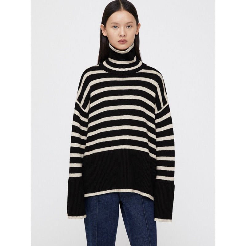 Versatile Knitting Turtleneck Striped Pullover Sweater For Women Long Sleeve Female Simplicity Clothing - Mammalook