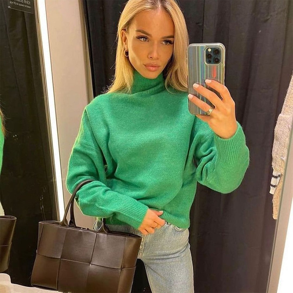Women Fashion Solid Knit Sweater Top Long Sleeves High Neck Vintage Female Knitted Sweaters Pullover Chic Tops - Mammalook
