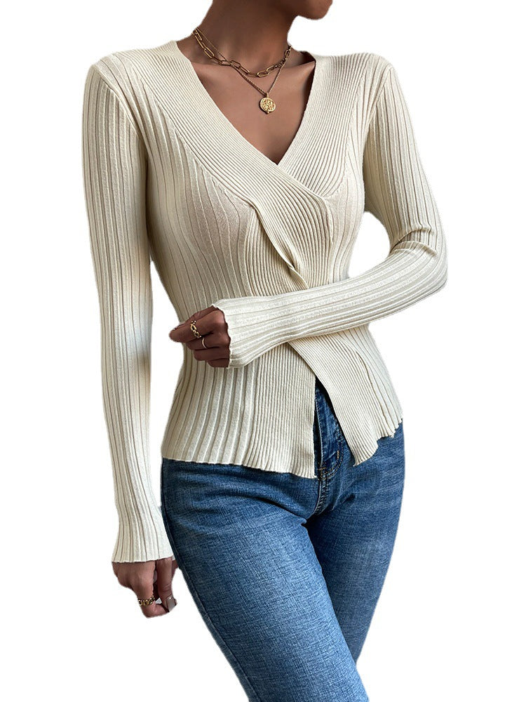 Autumn Women's Sweaters V-neck Cross Knot Long Sleeve Top Slim Fit Comfortable Split Solid Color Knitwear - Mammalook