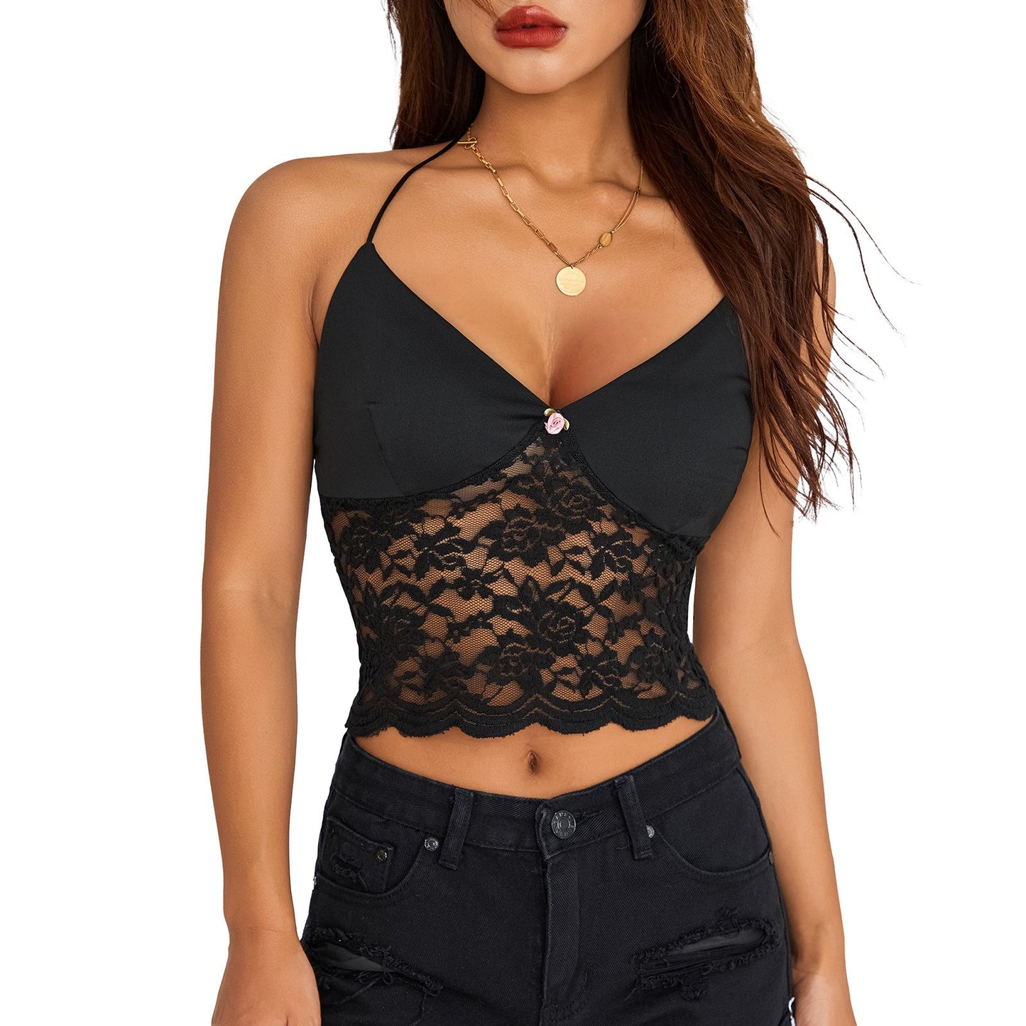 Summer new lace patchwork suspender top - Mammalook