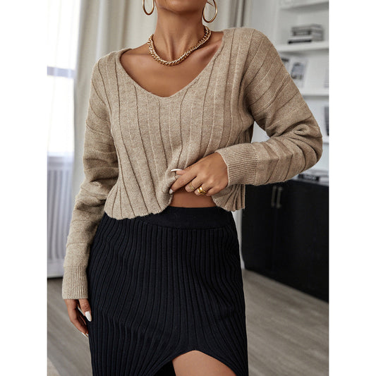 Stripe Solid V-Neck Knitwear for Women - Mammalook
