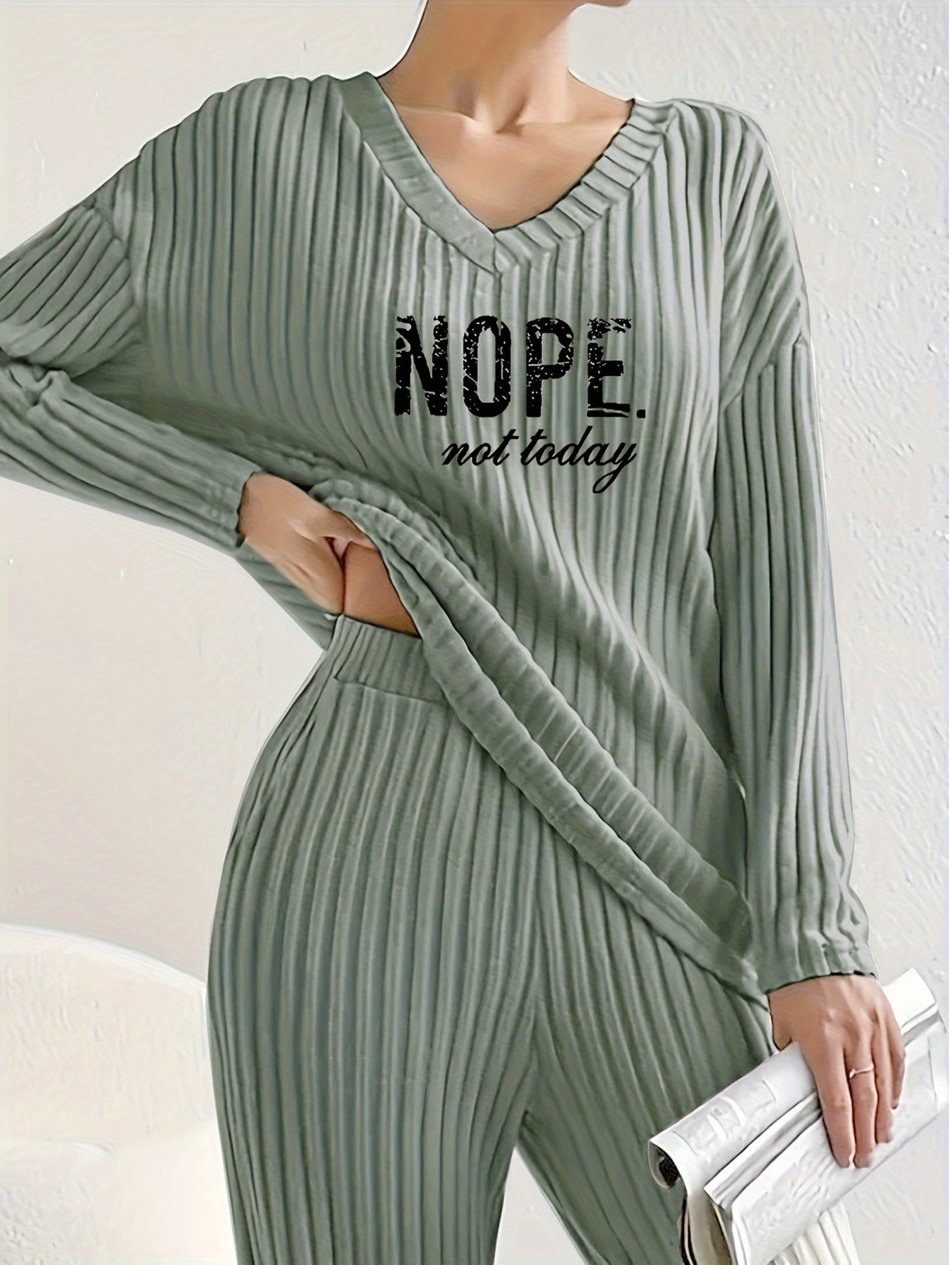 Women’s Casual Two-Piece Set: ‘NOPE’ Print V-Neck Long Sleeve T-Shirt & Solid Pants - Mammalook