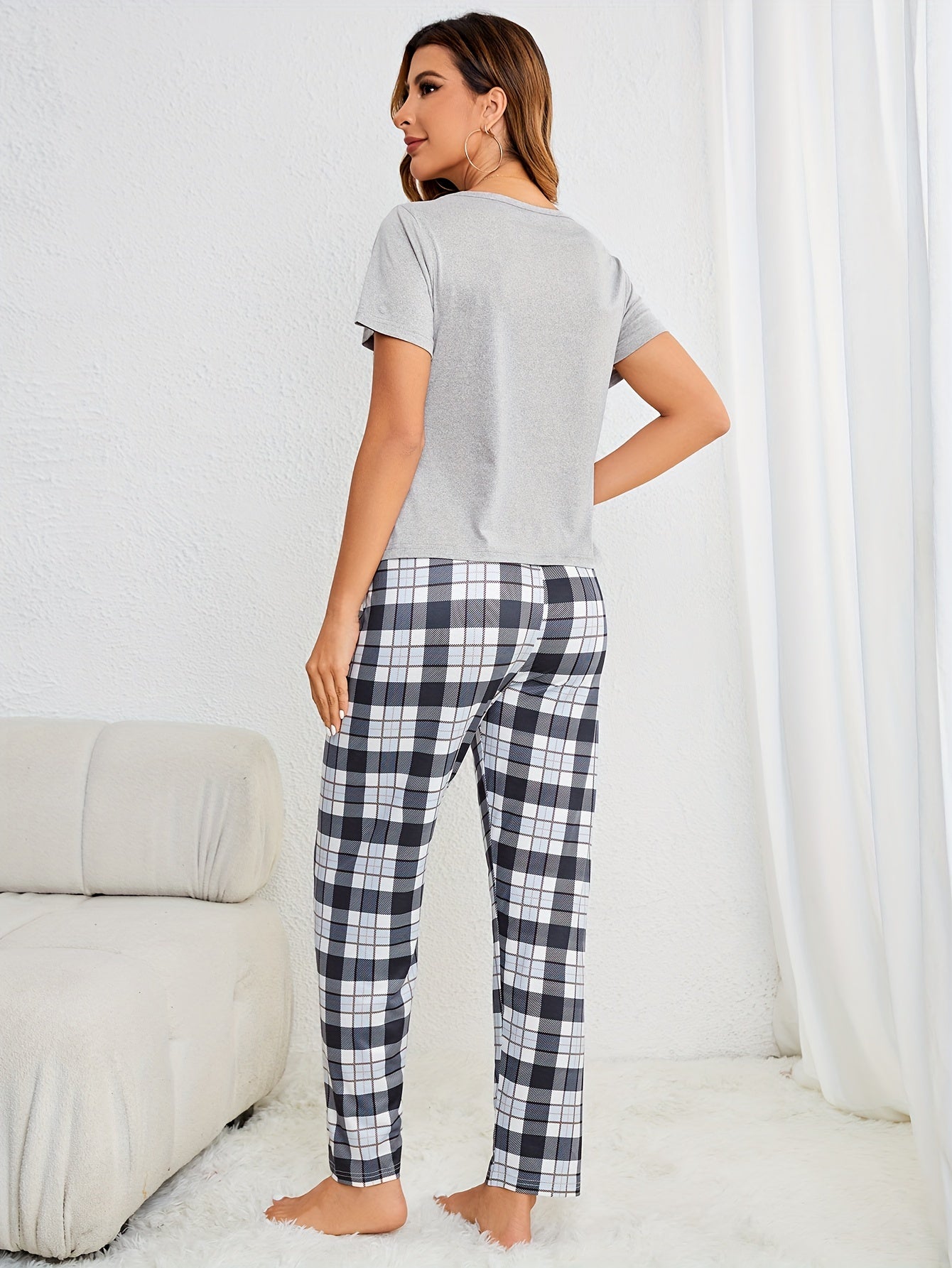 Letter Print Pajama Set, Casual Crew Neck Short Sleeve Tee Top & Plaid Print Elastic Waistband Pants, Women's Sleepwear & Loungewear - Mammalook