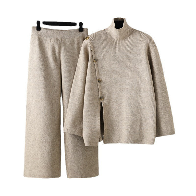 Design Sense Niche Stand-Up Collar Open Knitted Turtleneck Sweater Female Winter Warm Age Reduction Casual Wide-Legged Pants Two-Piece Set - Mammalook