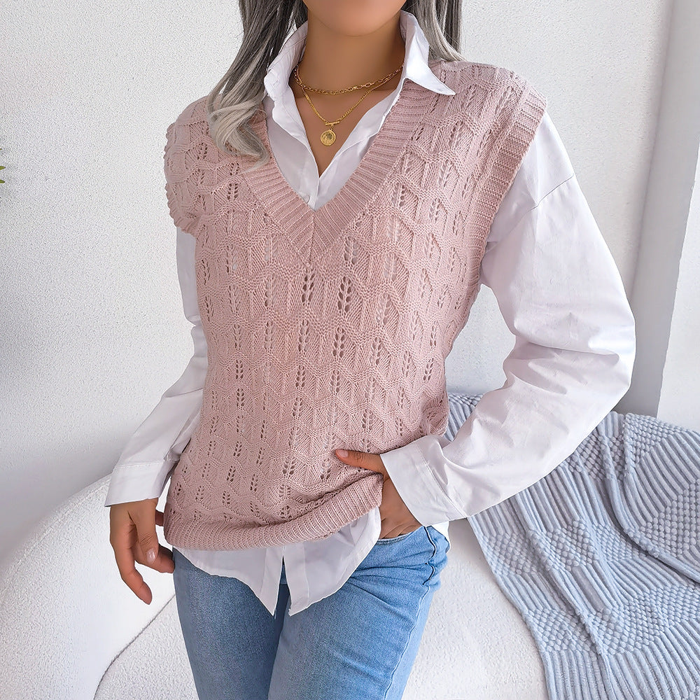 Autumn Winter Solid Hollow Wave V-Neck Knit Tank Top Sweater - Mammalook