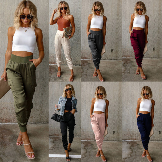 Autumn satin elastic waist pocket fashionable women's long pants casual pants - Mammalook