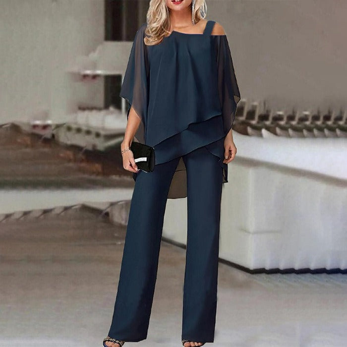 Women's New European and American Fashion Solid Color Loose Leisure Bat Sleeve Long Pants Irregular Fashion Casual Set - Mammalook