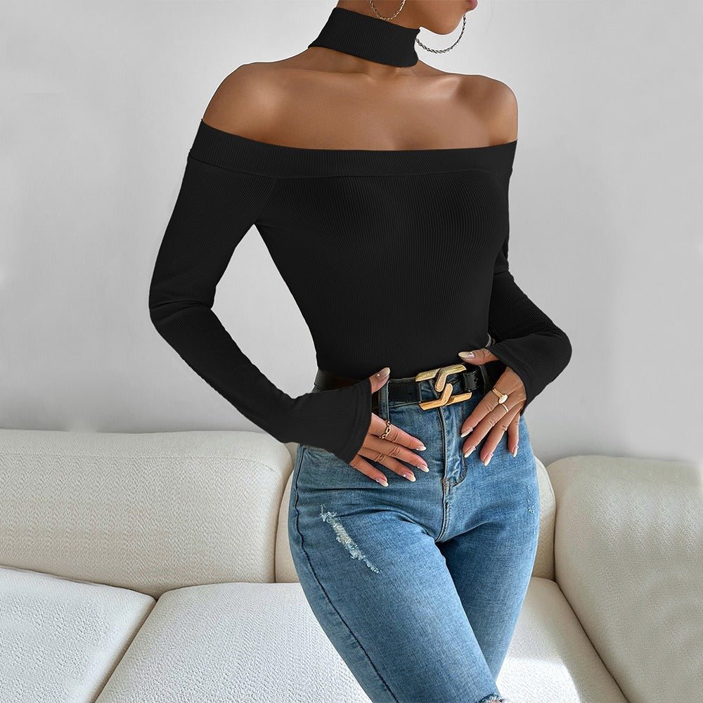Off shoulder slim knit long sleeved t-shirt with versatile temperament top - Mammalook