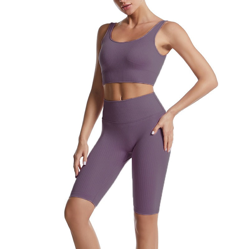 Threaded Yoga Suit Sportswear Summer Short-Sleeved Shorts Bra Tight-Fitting Clothes - Mammalook