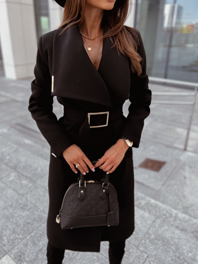 New autumn and winter minimalist long sleeved button up V-neck tied woolen jacket for women - Mammalook