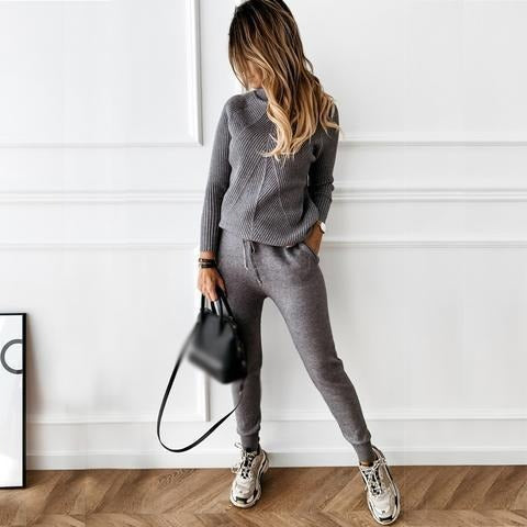 2-Piece High Collar Solid Color Sweater Set for Women - Mammalook