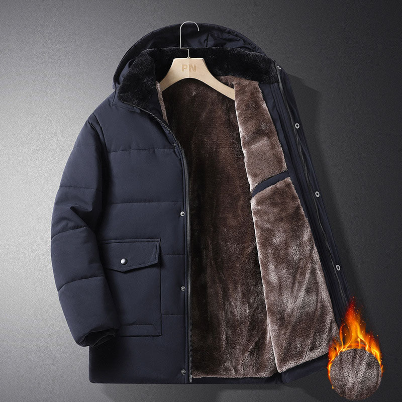 Men’s Winter Hooded Coat – Thickened Warm Cotton, Windproof & Business Casual