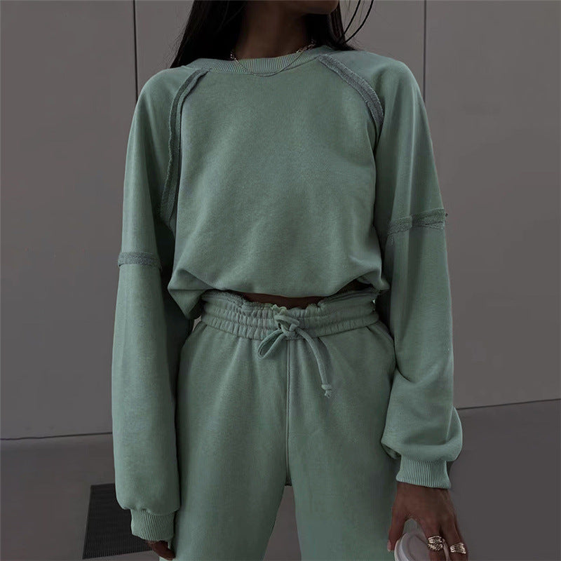 Autumn New Women's Fashion Round Neck Long Sleeve T-shirt Slim Casual Feet Pants Set - Mammalook
