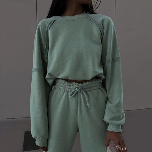 Autumn New Women's Fashion Round Neck Long Sleeve T-shirt Slim Casual Feet Pants Set - Mammalook