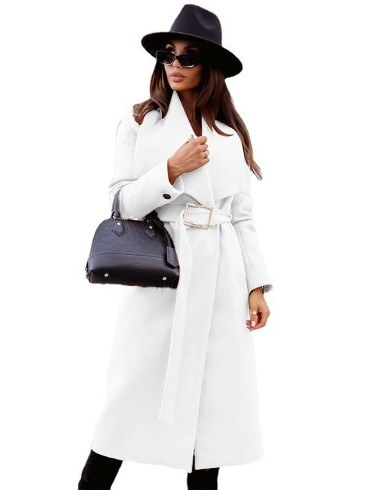 New autumn and winter minimalist long sleeved button up V-neck tied woolen jacket for women - Mammalook