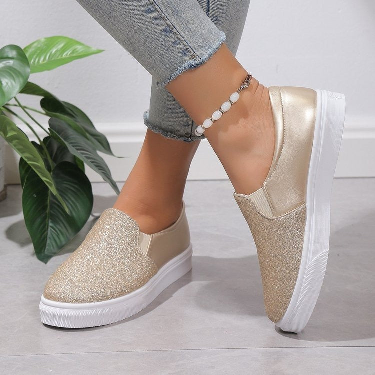 Round Toe Flat Shoes With Sequined Loafers Walking Shoes Women - Mammalook