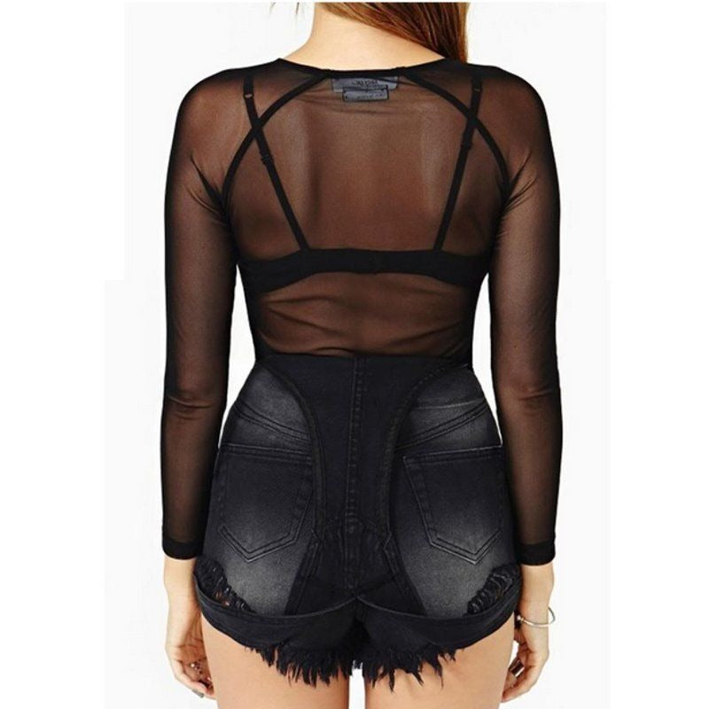 Mesh bottom shirt for women's long sleeved thin mesh shirt elastic top for women's clothing - Mammalook