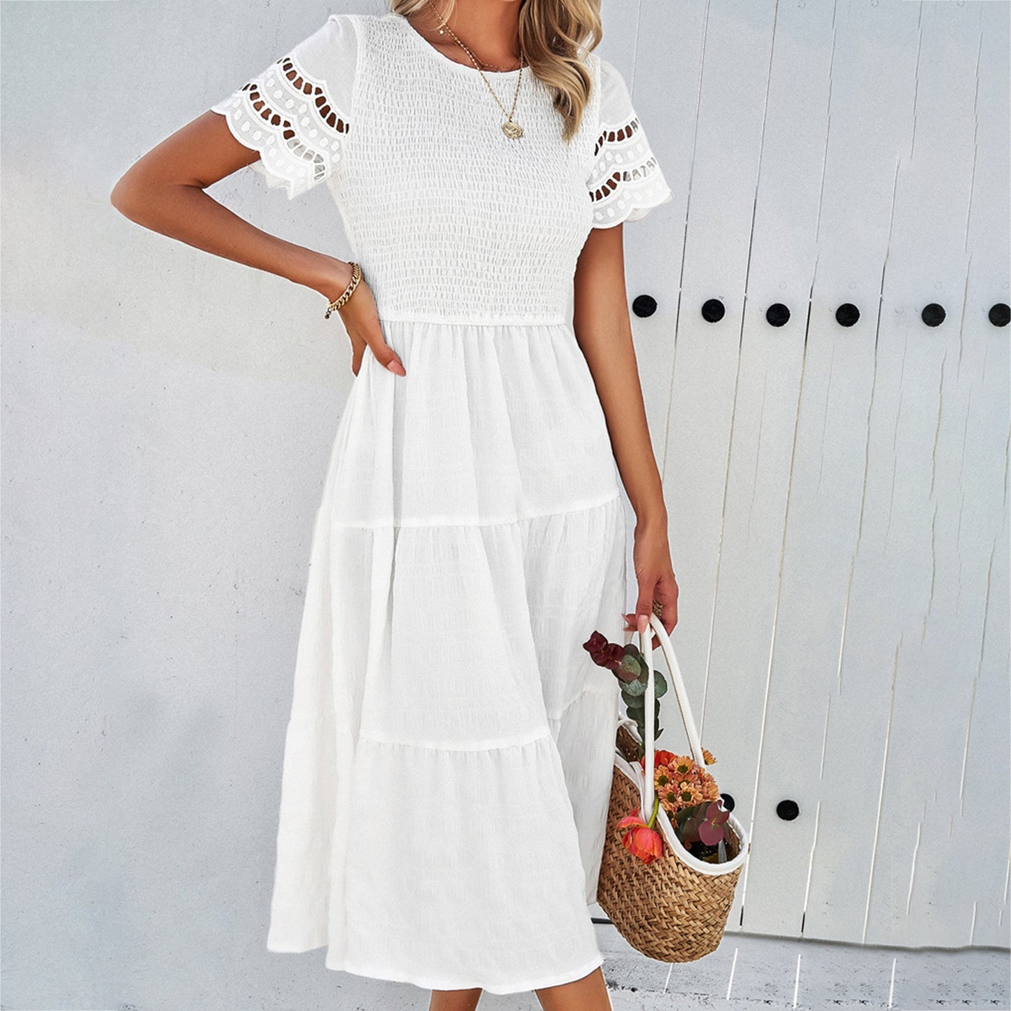 Spring and summer pure color temperament play sheath hollow dress - Mammalook