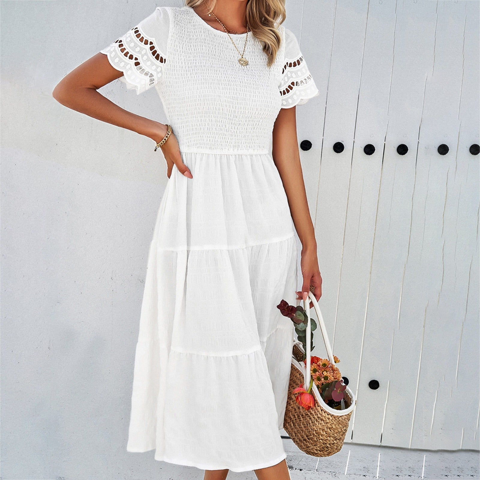Spring and summer pure color temperament play sheath hollow dress - Mammalook