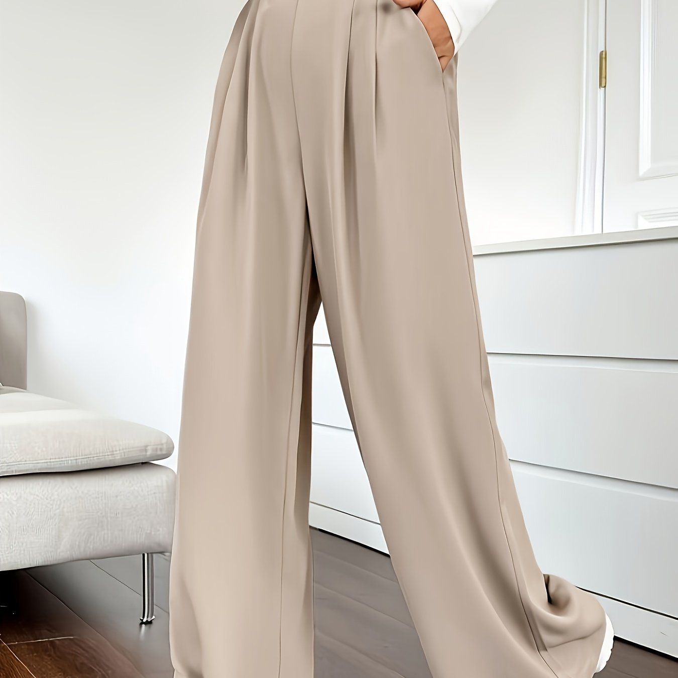 Solid Color High Waist Pants, Elegant Dual Pockets Wide Leg Pants For Spring & Summer, Women's Clothing - Mammalook