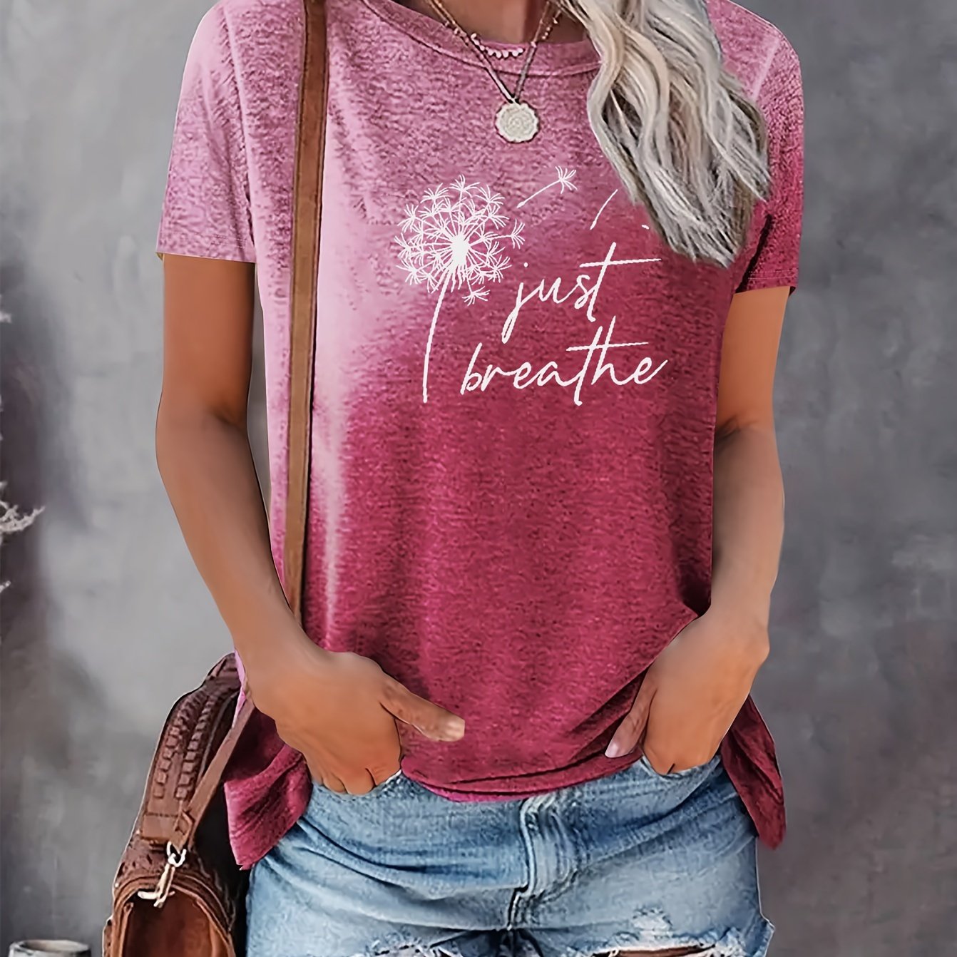 Just Breathe & Dandelion Print T-shirt, Casual Crew Neck Short Sleeve Top, Women's Clothing - Mammalook