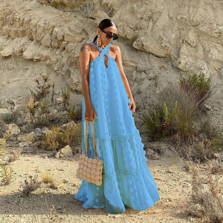 Fashion neck hanging three-dimensional flower floor mopping cake dress cross-border - Mammalook