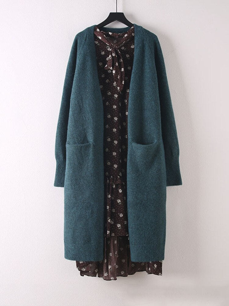 Woman Knitted Sweater Solid Pockets Long Sleeve Cardigan Simple Elastic Loose Casual Style Top New Autumn Fashion - Mammalook