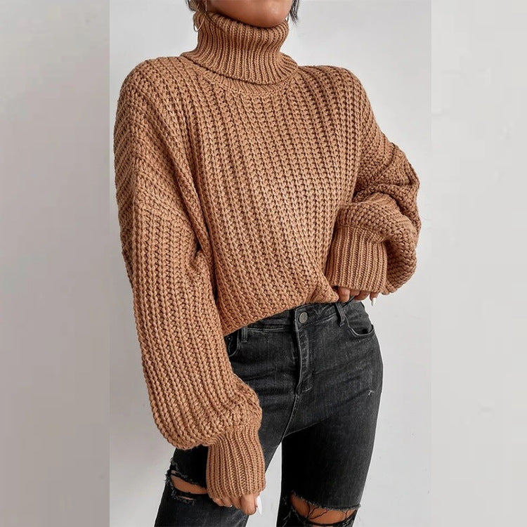 Fall Shoulder Long Sleeve Knitted Turtleneck Sweater for Women - Mammalook