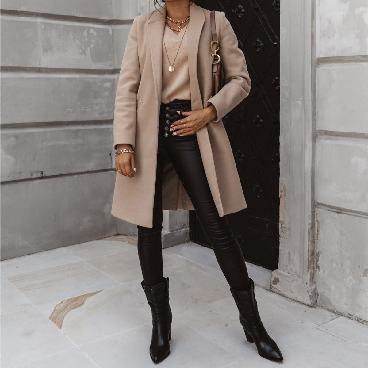 New autumn and winter women's solid color lapel mid length button down woolen coat jacket - Mammalook