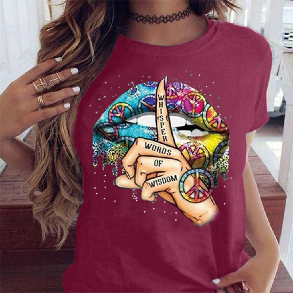 Lips Watercolor Graphic T Shirt lip Women Tops Shirt Base O-neck Sexy Black Tees Kiss lip Funny whisper words Girls Tshirt - Mammalook