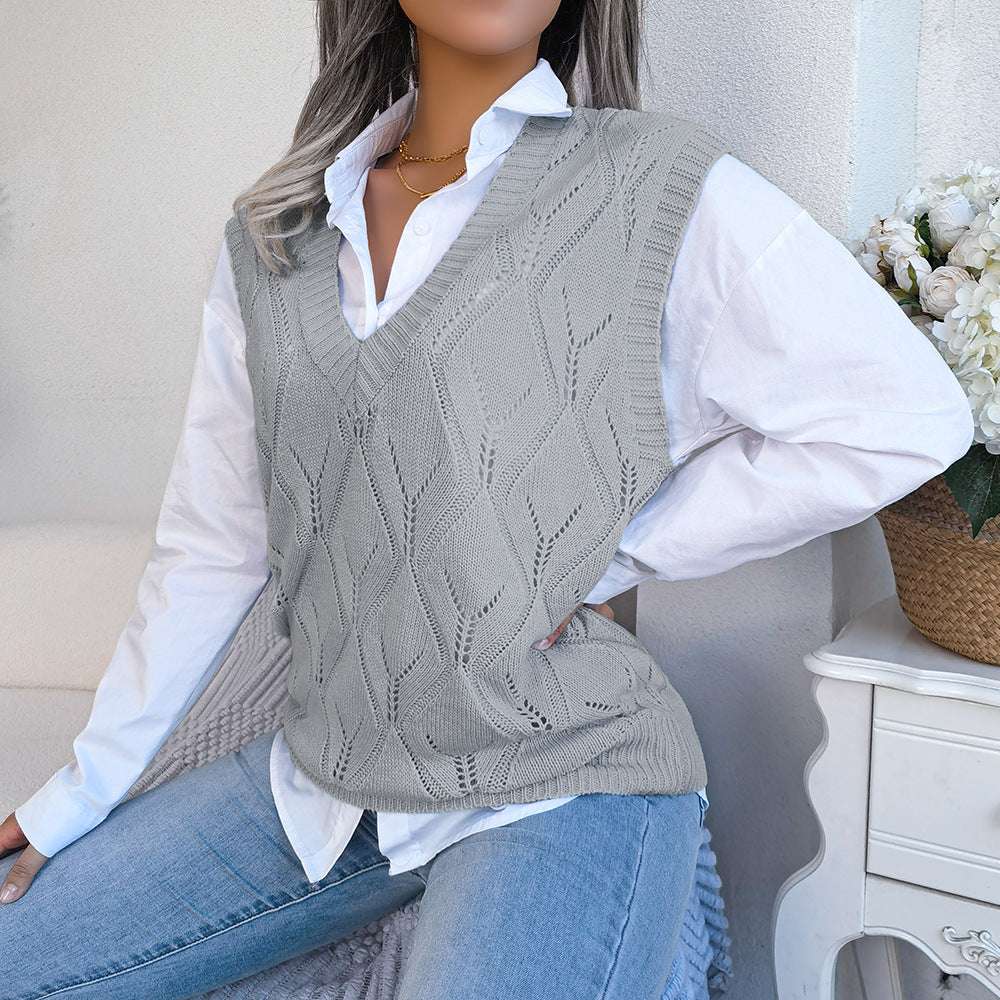 Street Style Hollow Diamond V-Neck Knitted Vest Sweater - Mammalook