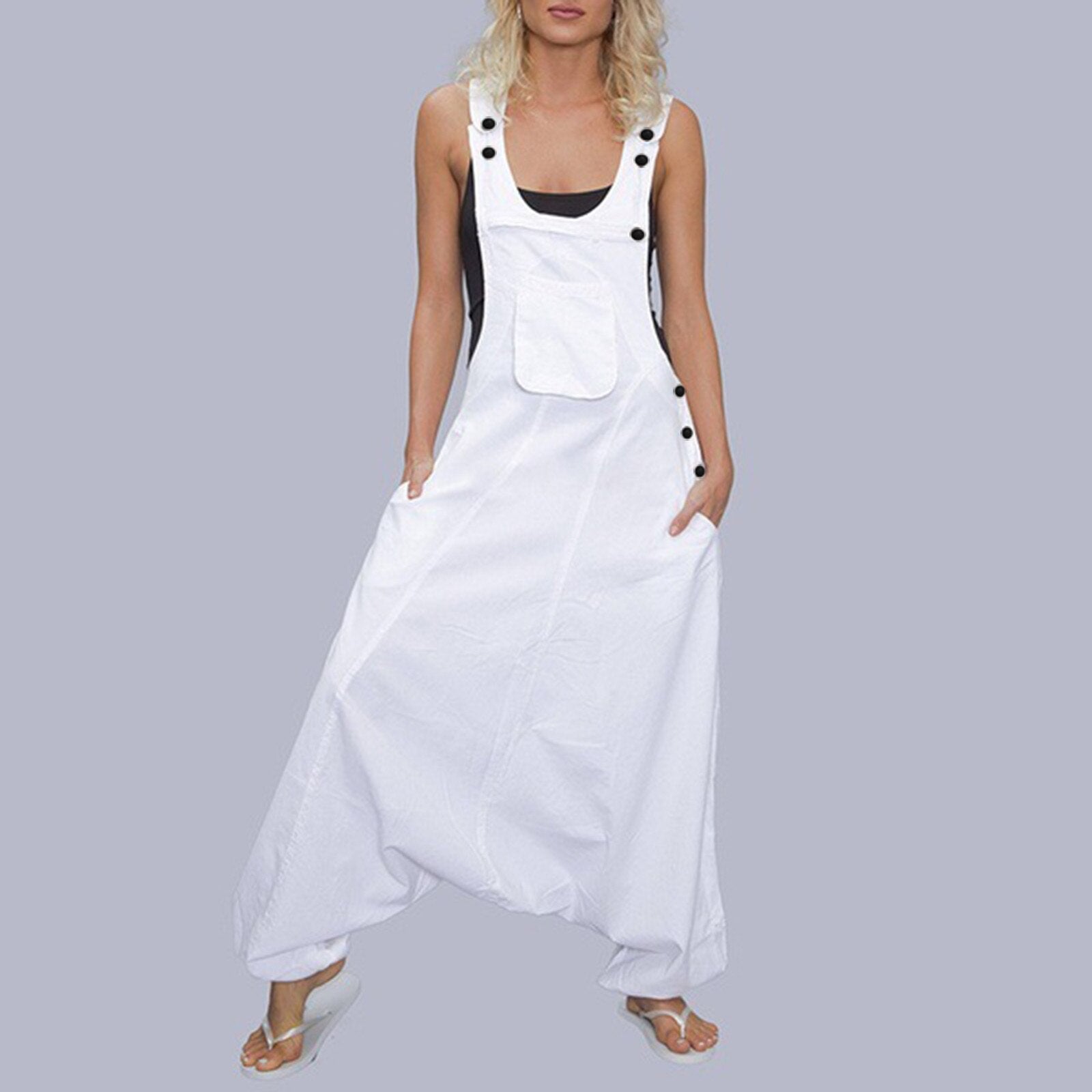 Womens Loose Jumpsuits Harem Pants Wide Leg Pants Sleeveless Pockets Bib Jumpsuit Siamese Trousers For Ladies Large Size S-2XL - Mammalook