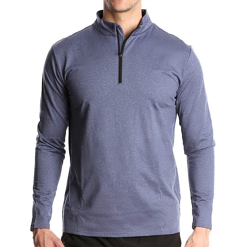 Men's Long Sleeve Fast Drying Sports Running Pullover Half Zipper Solid Color Breathable T-Shirt - Mammalook