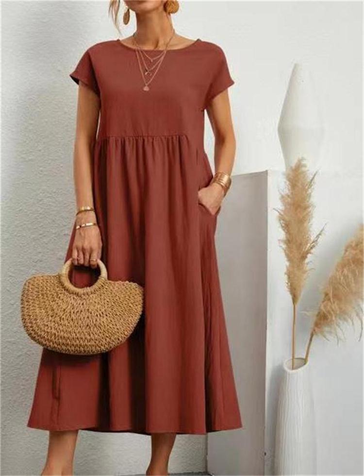 Solid color sleeveless loose pocket cotton linen dress - Mammalook