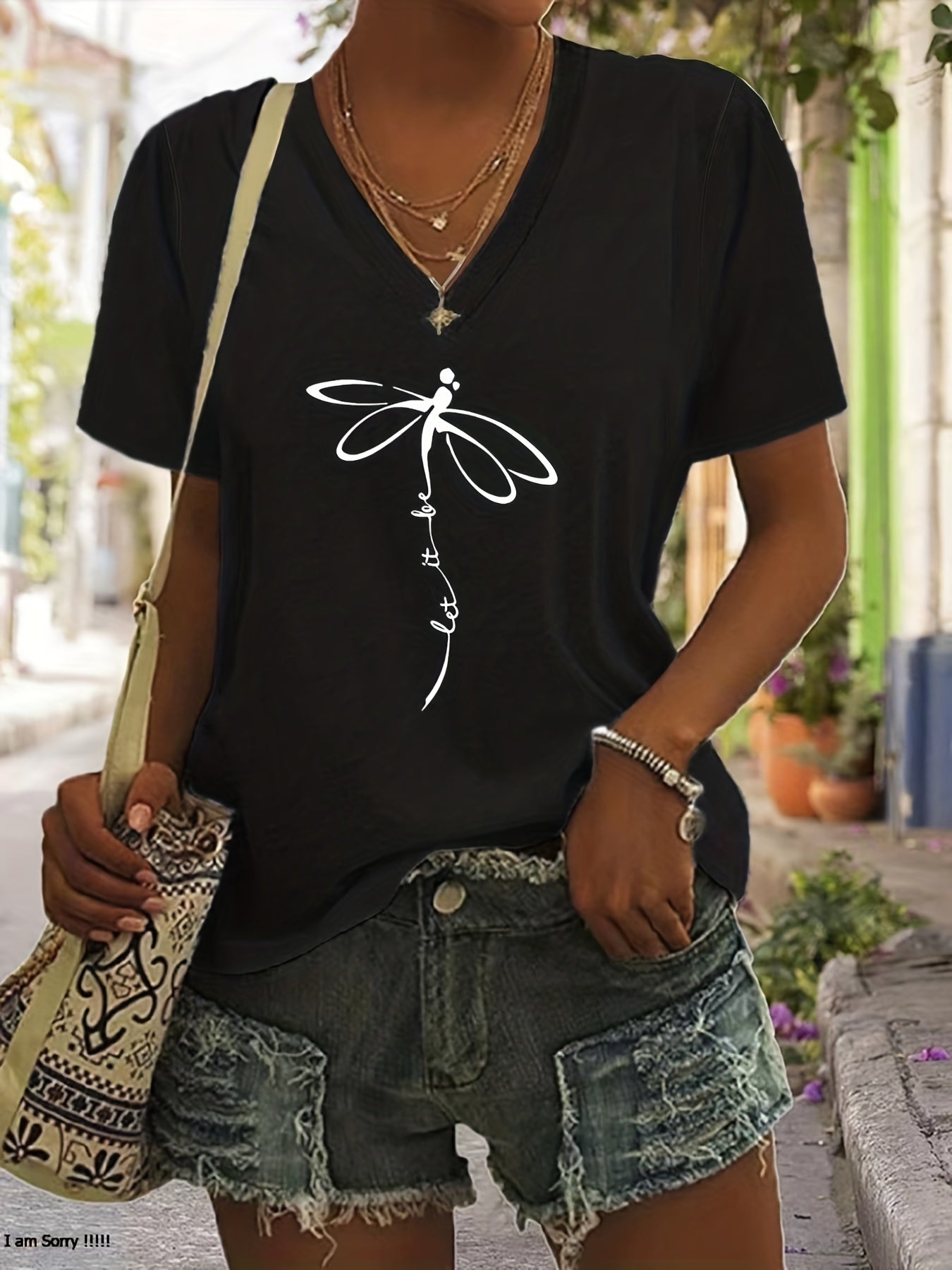 Dragonfly & Letter Print V Neck T-shirt, Casual Short Sleeve T-shirt For Summer, Women's Clothing - Mammalook