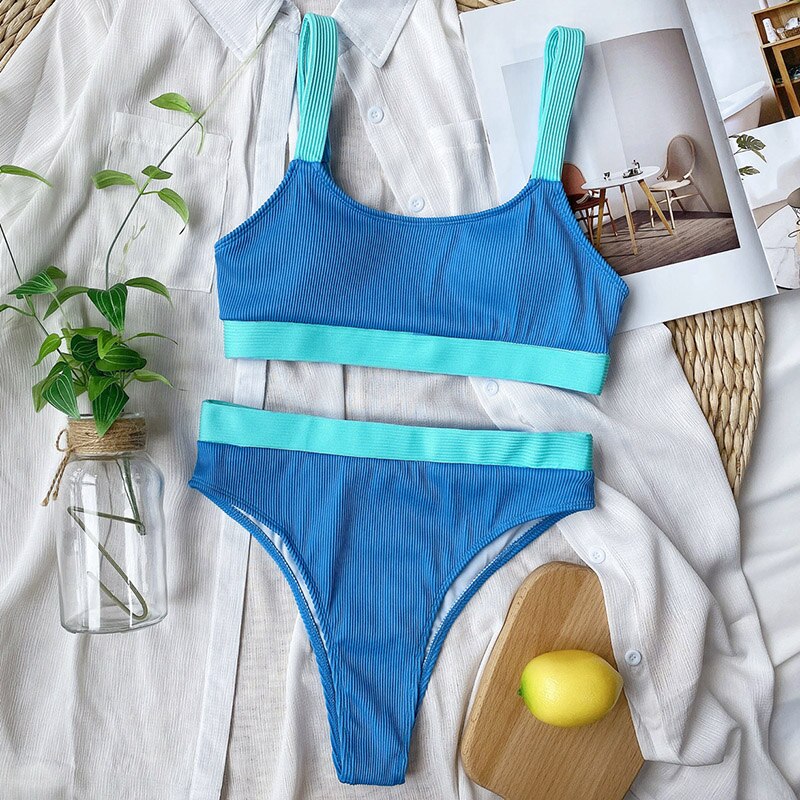 High Waist Bikinis Swimsuits Bandeau Swimwear Women Splicing Biquini Beachwear Sports Ribbed Bathing Suits New - Mammalook