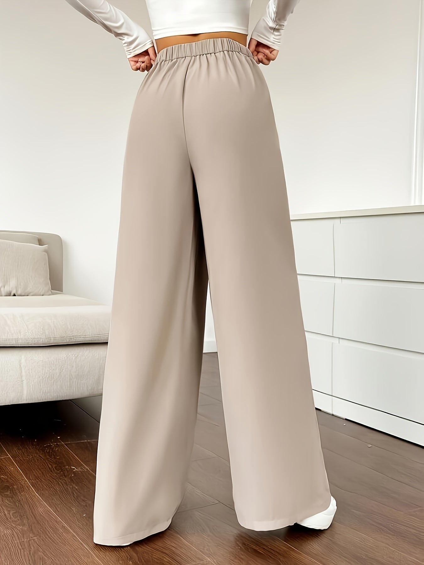 Solid Color High Waist Pants, Elegant Dual Pockets Wide Leg Pants For Spring & Summer, Women's Clothing - Mammalook