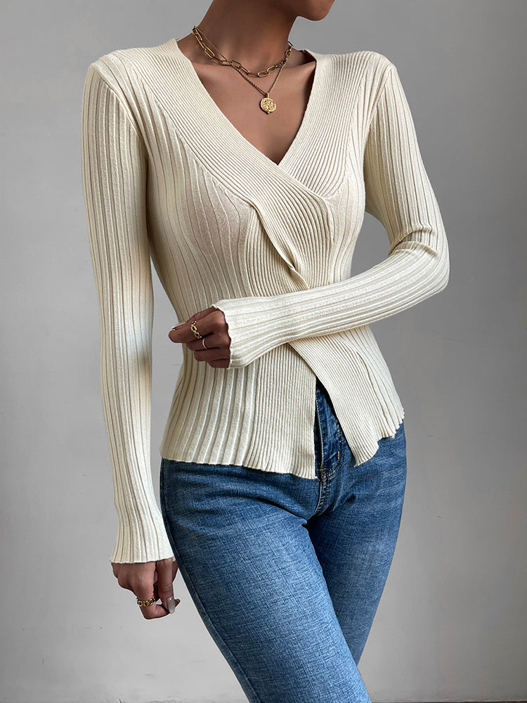 Autumn Women's Sweaters V-neck Cross Knot Long Sleeve Top Slim Fit Comfortable Split Solid Color Knitwear - Mammalook